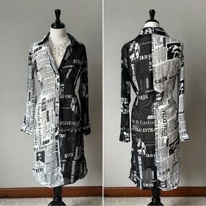 Chic Newspaper Print Button-Up Dress
